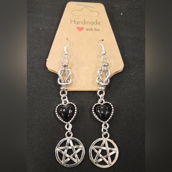 Pentagram Earrings Hypoallergenic Black Heart Handmade Wiccan Pagan Witch Gothic - Picture 1 of 1